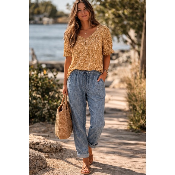 Ava & Viv Tops - Ava & Viv Womens Plus 1X Yellow Print Smocked Neck Puff Sleeve NEW Boho Peasant